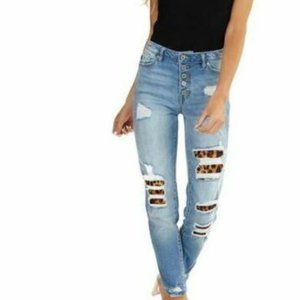 KanCan High Rise Leopard Patch Skinny Jeans